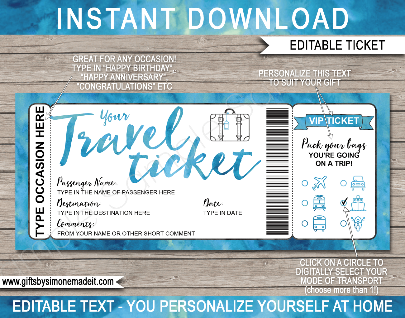 Printable Travel Ticket Gift Template Surprise Vacation Reveal