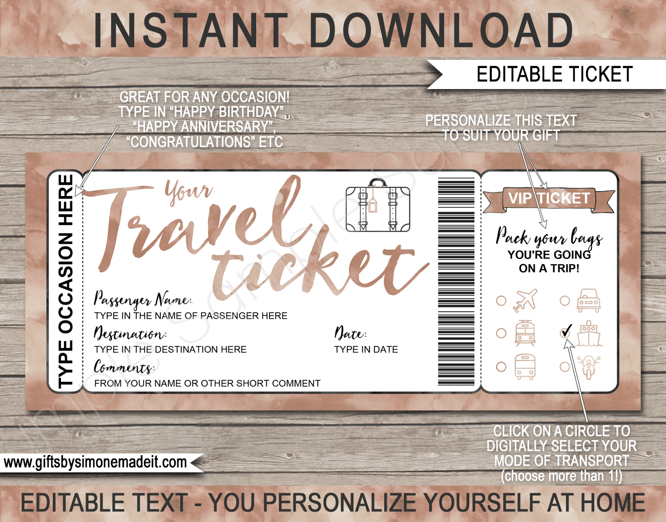 Printable Travel Ticket Gift Template Surprise Vacation Reveal