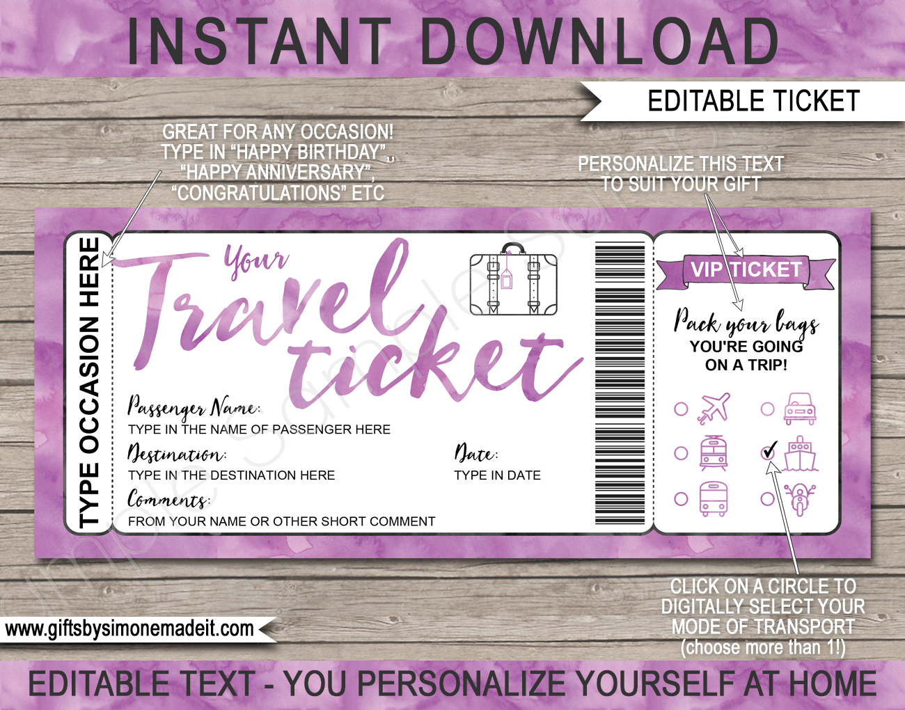 Printable Travel Ticket Gift Template Surprise Vacation Reveal