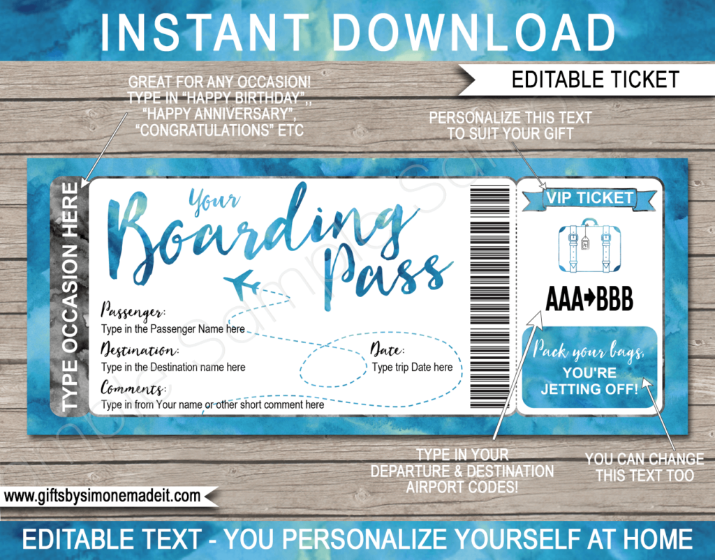 Plane Ticket Boarding Pass Template | Fake Plane Ticket | Reveal Gift Idea