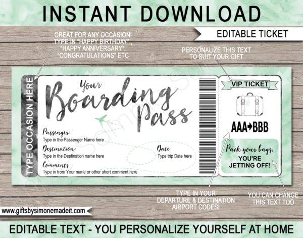 Plane Ticket Boarding Pass Template | Fake Plane Ticket | Reveal Gift Idea