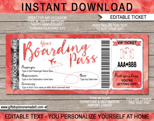 Plane Ticket Boarding Pass Template | Fake Plane Ticket | Reveal Gift Idea