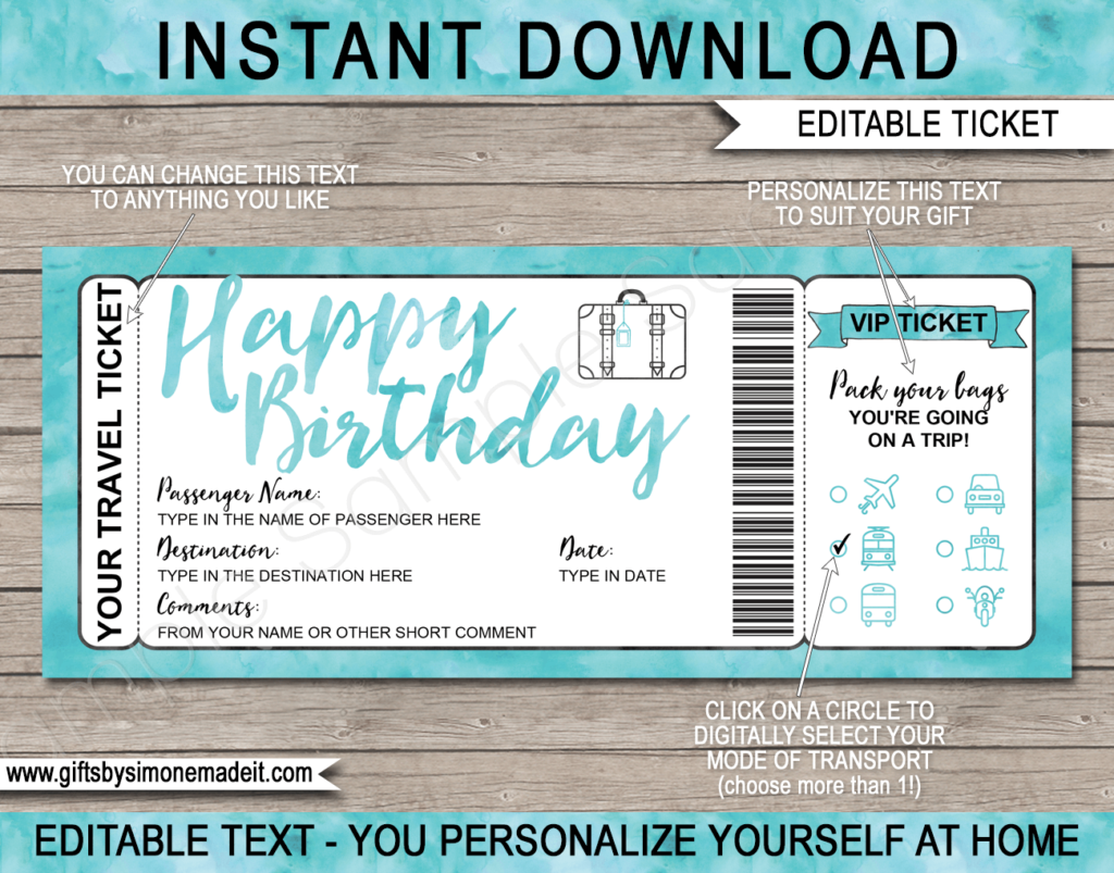 Birthday Surprise Vacation Travel Ticket Template | Reveal Gift Idea