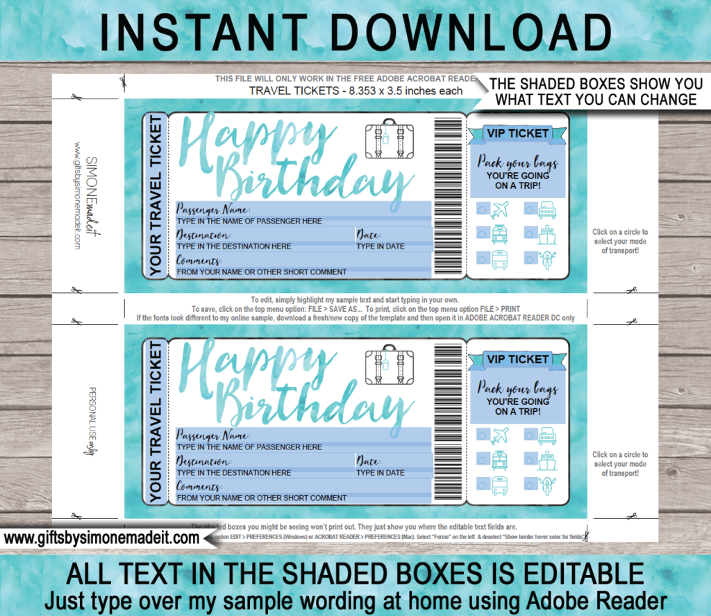 Birthday Surprise Vacation Travel Ticket Template 