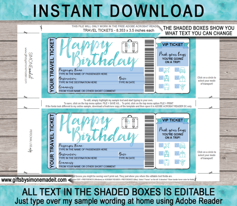 Birthday Surprise Vacation Travel Ticket Template | Reveal Gift Idea