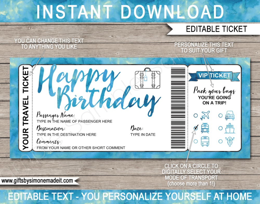 Birthday Surprise Vacation Travel Ticket Template Reveal Gift Idea