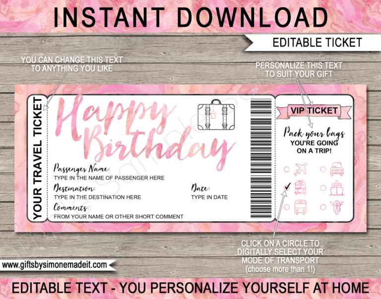 Birthday Surprise Vacation Travel Ticket Template | Reveal Gift Idea