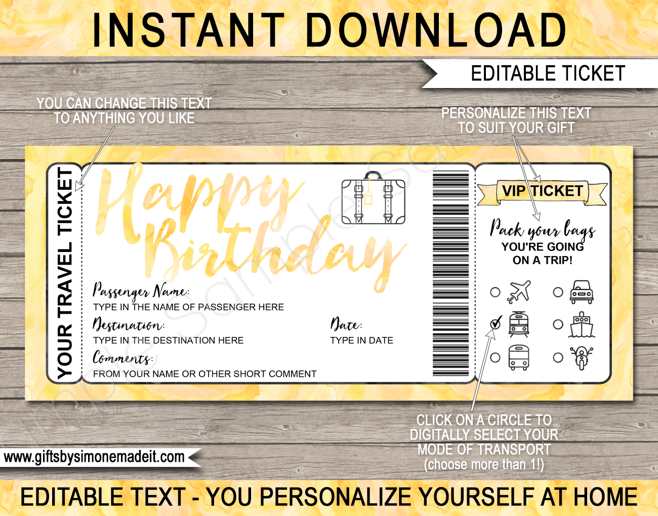 Birthday Surprise Vacation Travel Ticket Template Reveal Gift Idea