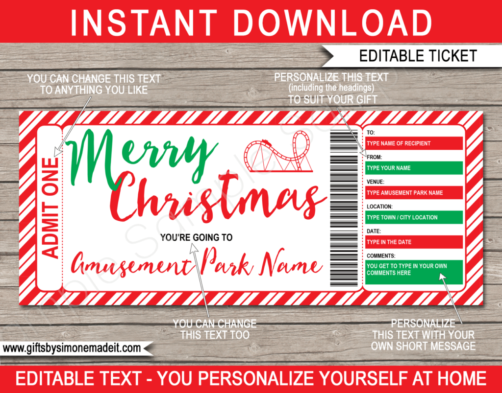 Christmas Amusement Park Tickets Template | Theme Park Gift Voucher