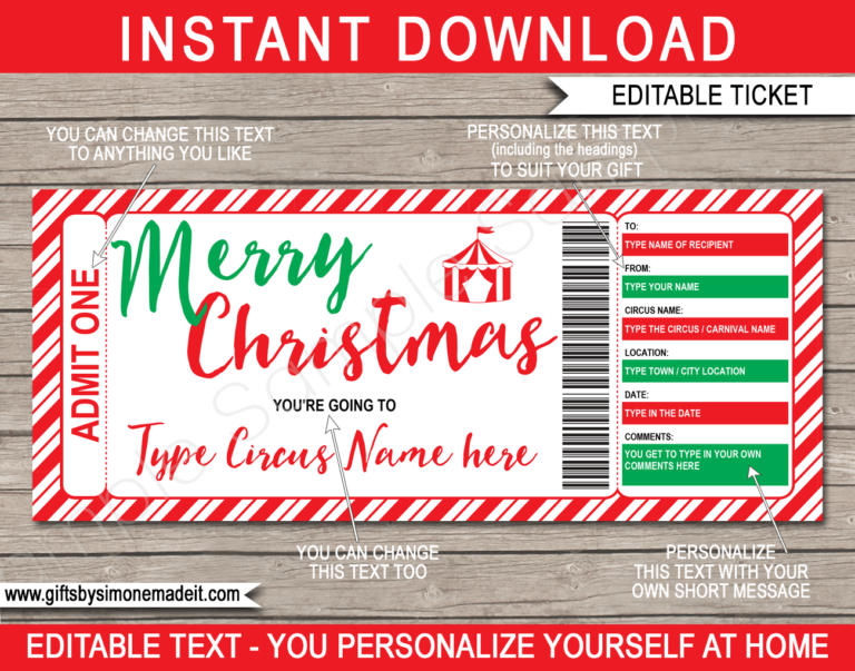 Christmas Circus Ticket Gift Voucher template | Printable Carnival Ticket