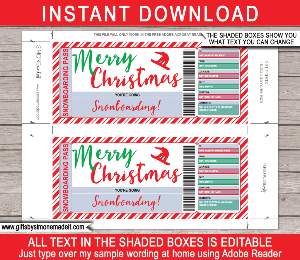 Christmas Snowboarding Ticket Gift Certificate Template | Print at Home