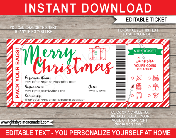 Christmas Travel Ticket Template | Surprise Vacation Reveal Gift Idea