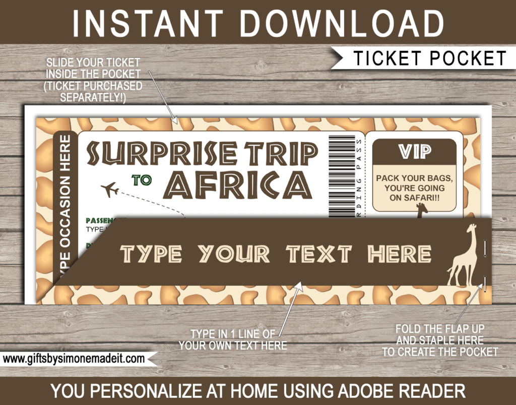 Africa Plane Ticket Jacket Template | Surprise Trip Boarding Pass Sleeve