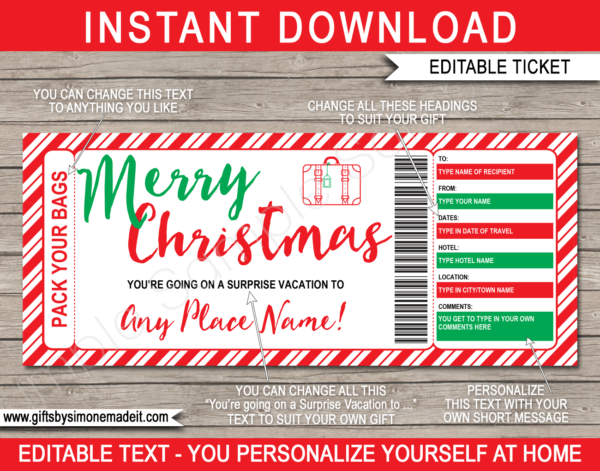 Christmas Surprise Vacation Travel Ticket Template | Gift Reveal Idea