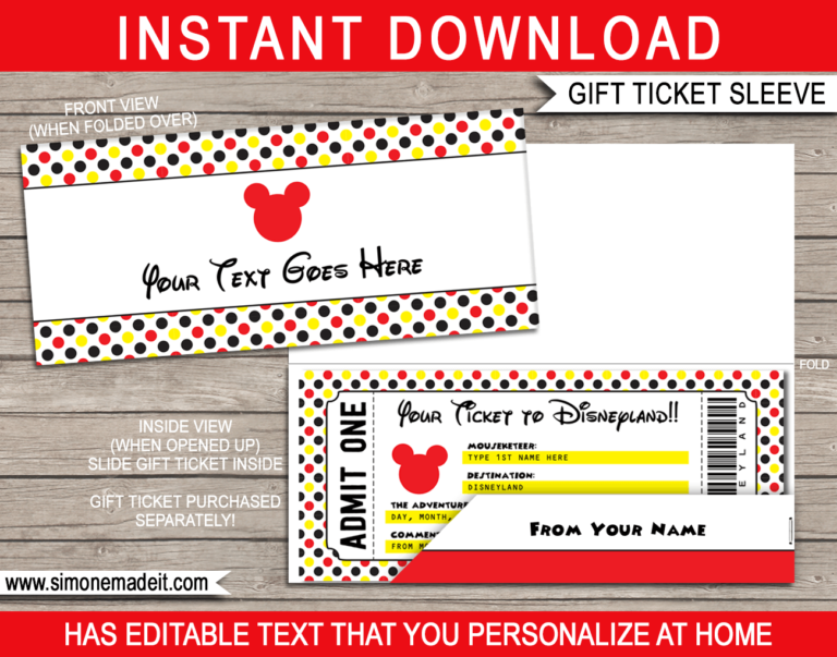 Disney Gift Ticket Sleeve Template | Editable & Printable Envelope