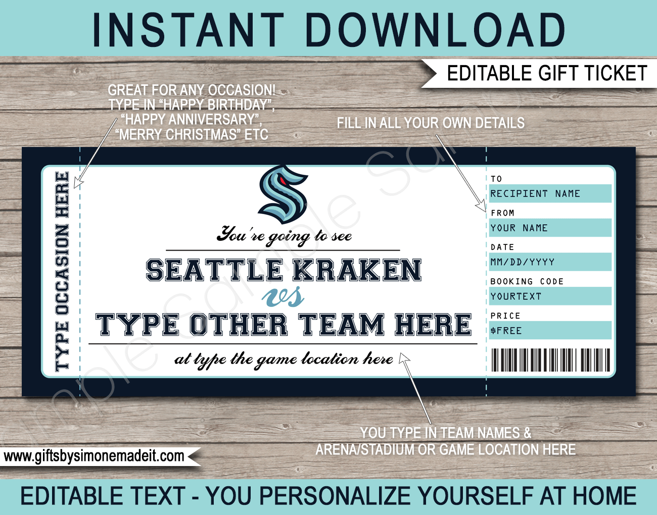 Seattle Kraken Game Ticket Gift Voucher Template Printable Hockey