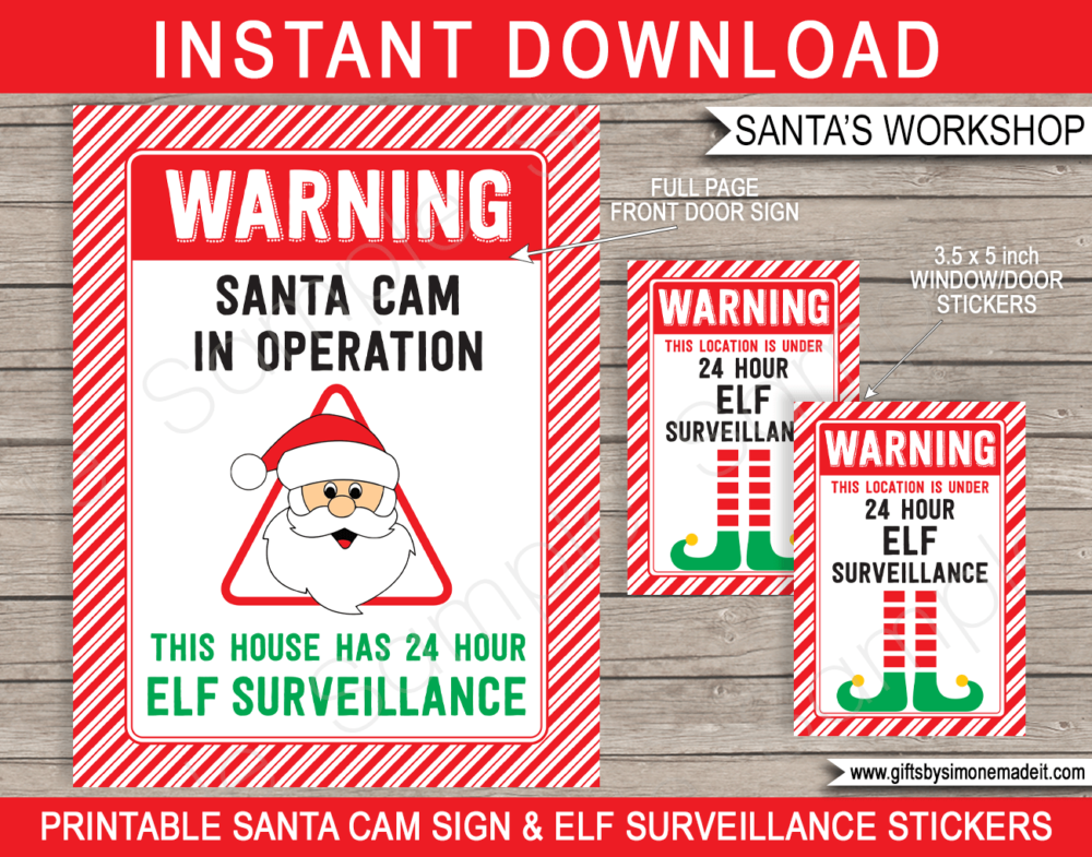 Printable Santa Cam Sign & Elf Surveillance Stickers | Printable Christmas Template | Santa's Workshop North Pole | INSTANT DOWNLOAD via giftsbysimonemadeit.com