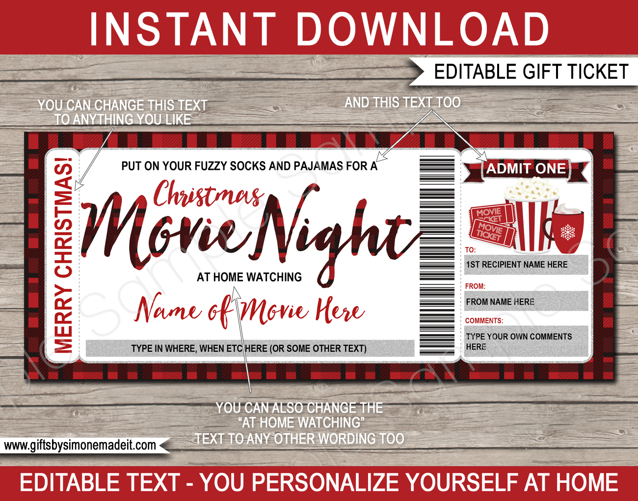 Christmas Family Movie Night Ticket Template Gift Voucher, Certificate