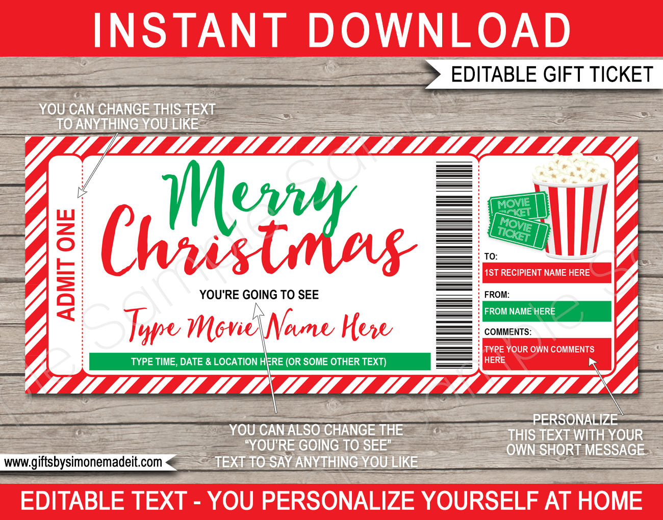 Christmas Movie Ticket Gift Template Family Movie Night Gift Voucher