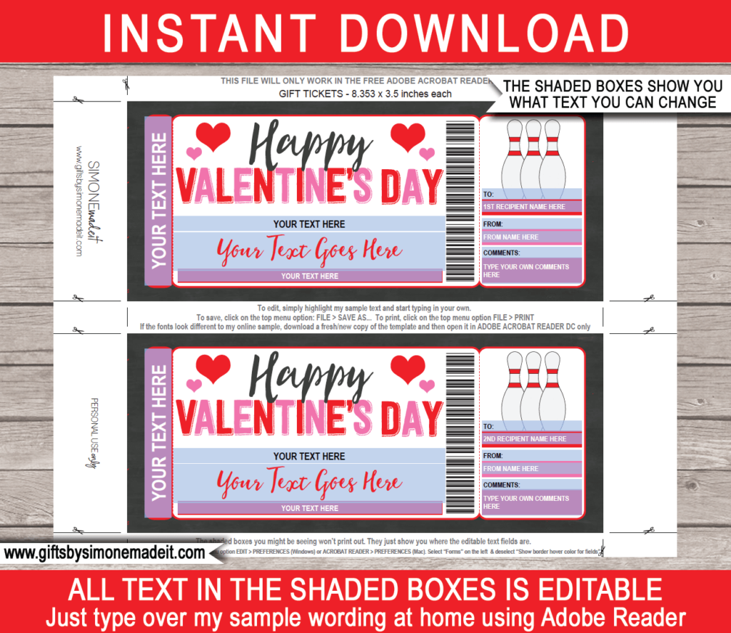 Valentines Day Bowling Ticket Template | Printable Gift Voucher Certificate