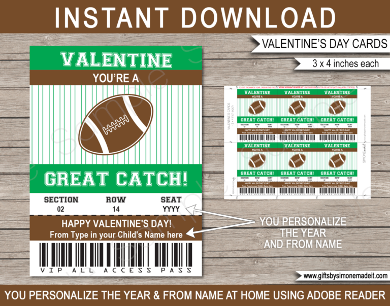 Valentines Football Class Gift Card Template | School VIP Pass Gift Tag