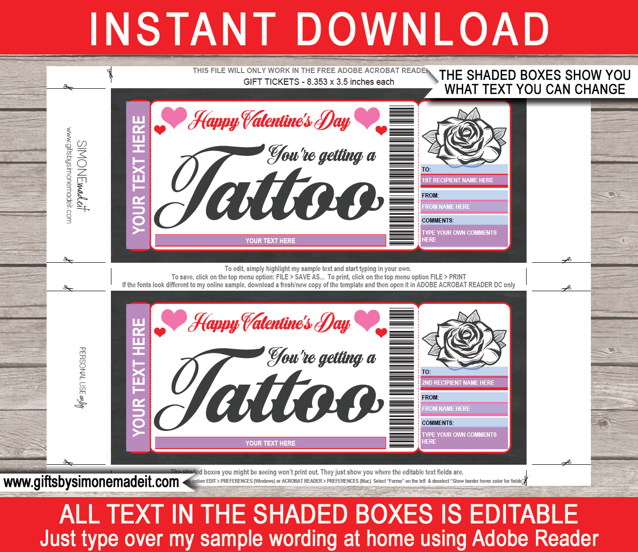 Valentines Day Tattoo Gift Card Template DIY Printable Gift Voucher