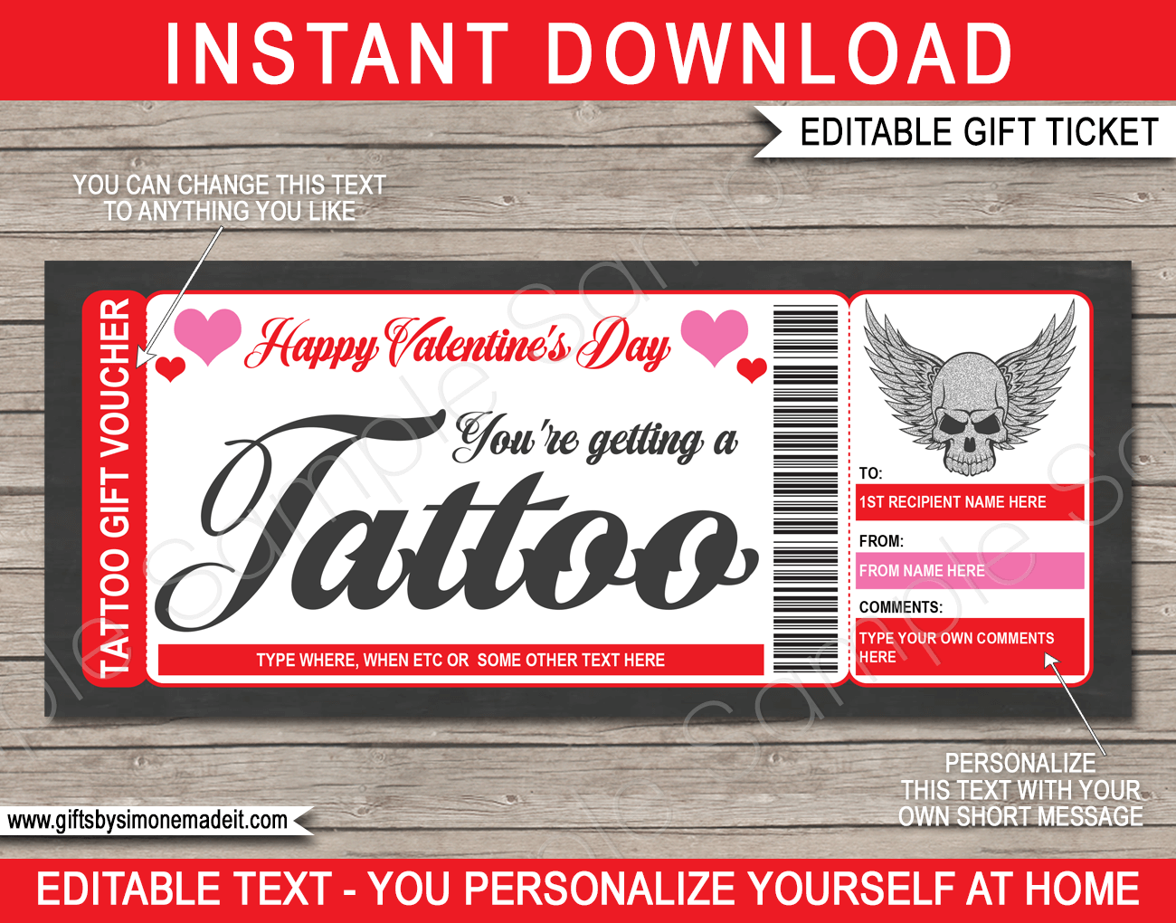 Valentines Day Tattoo Gift Card Template DIY Printable Gift Voucher