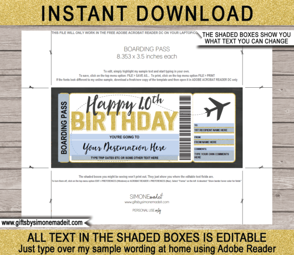 40th Birthday Boarding Pass Template | Fake Plane Ticket | Surprise Trip