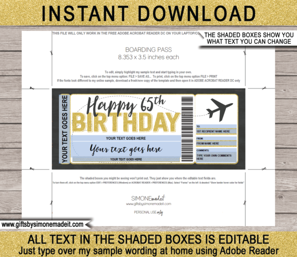 65th Birthday Boarding Pass Template | Fake Plane Ticket | Surprise Trip