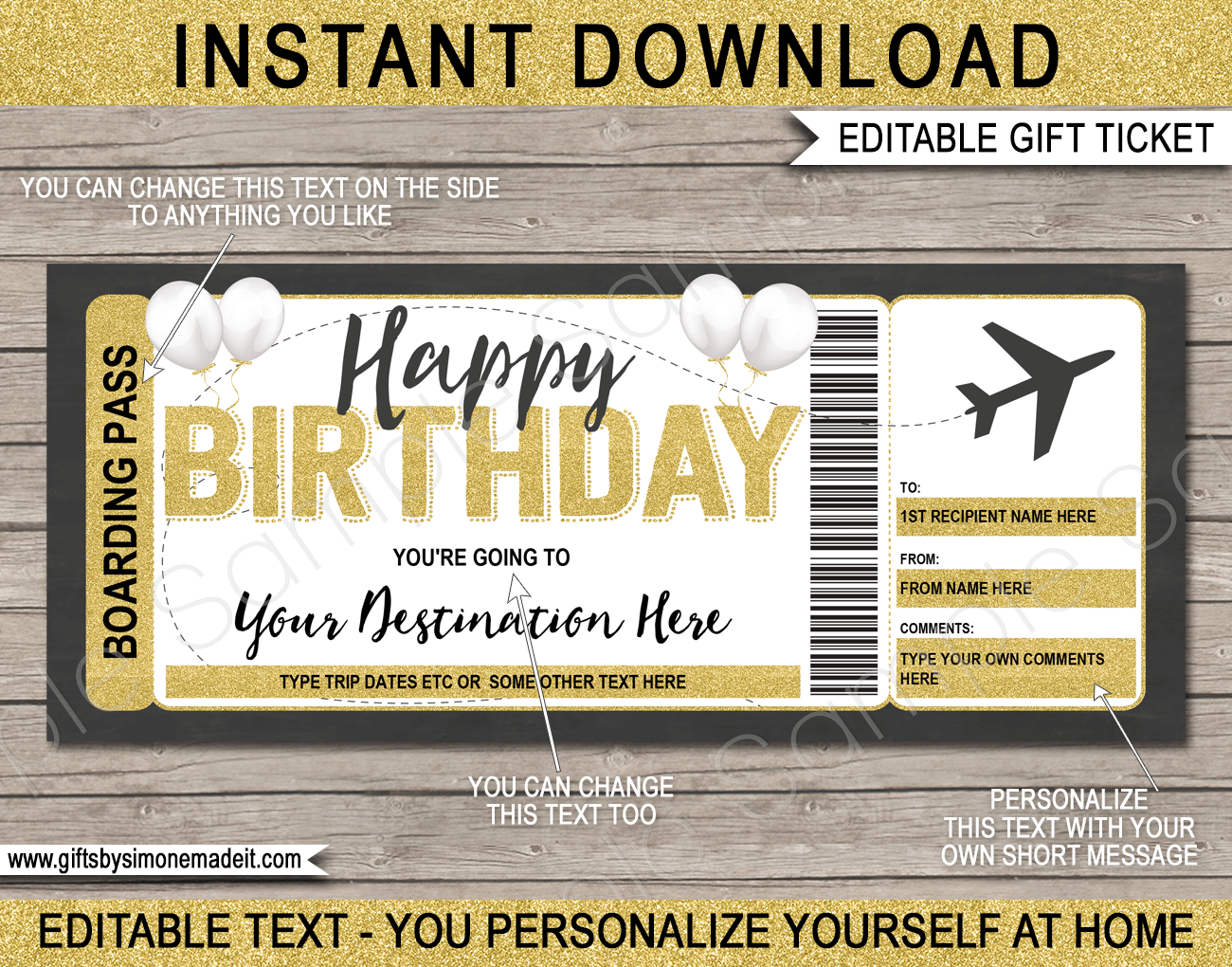 Printable Birthday Boarding Pass Template Surprise Trip Plane Ticket Gift