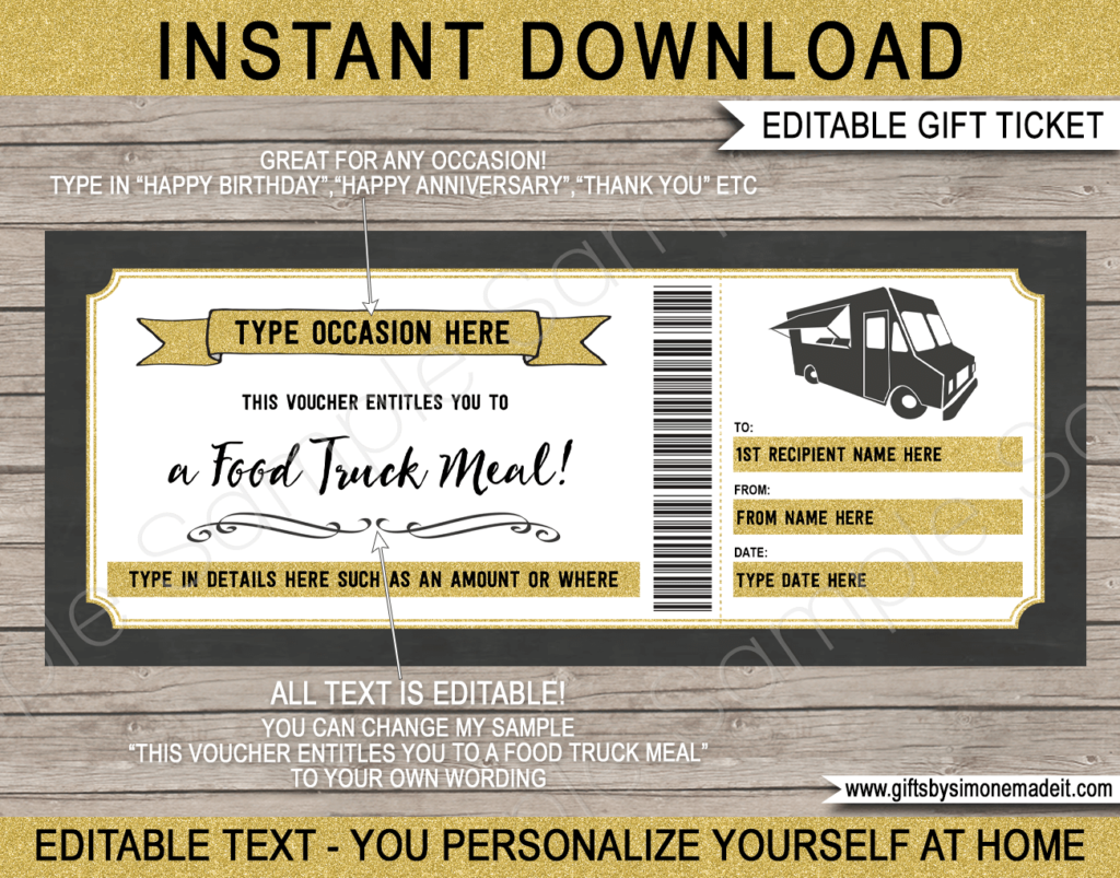 Food Truck Meal Voucher Template | Printable Gift Ticket Card Certificate