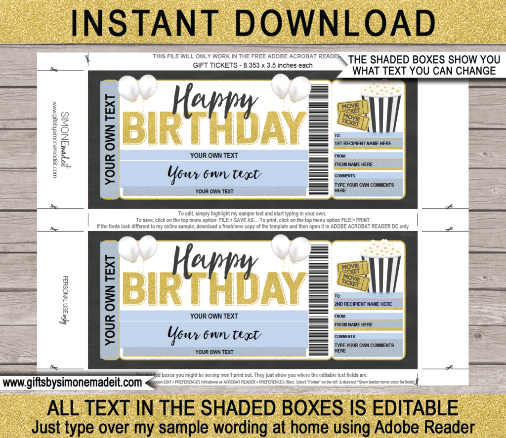 Birthday Movie Ticket Template | Printable Gift Voucher Certificate