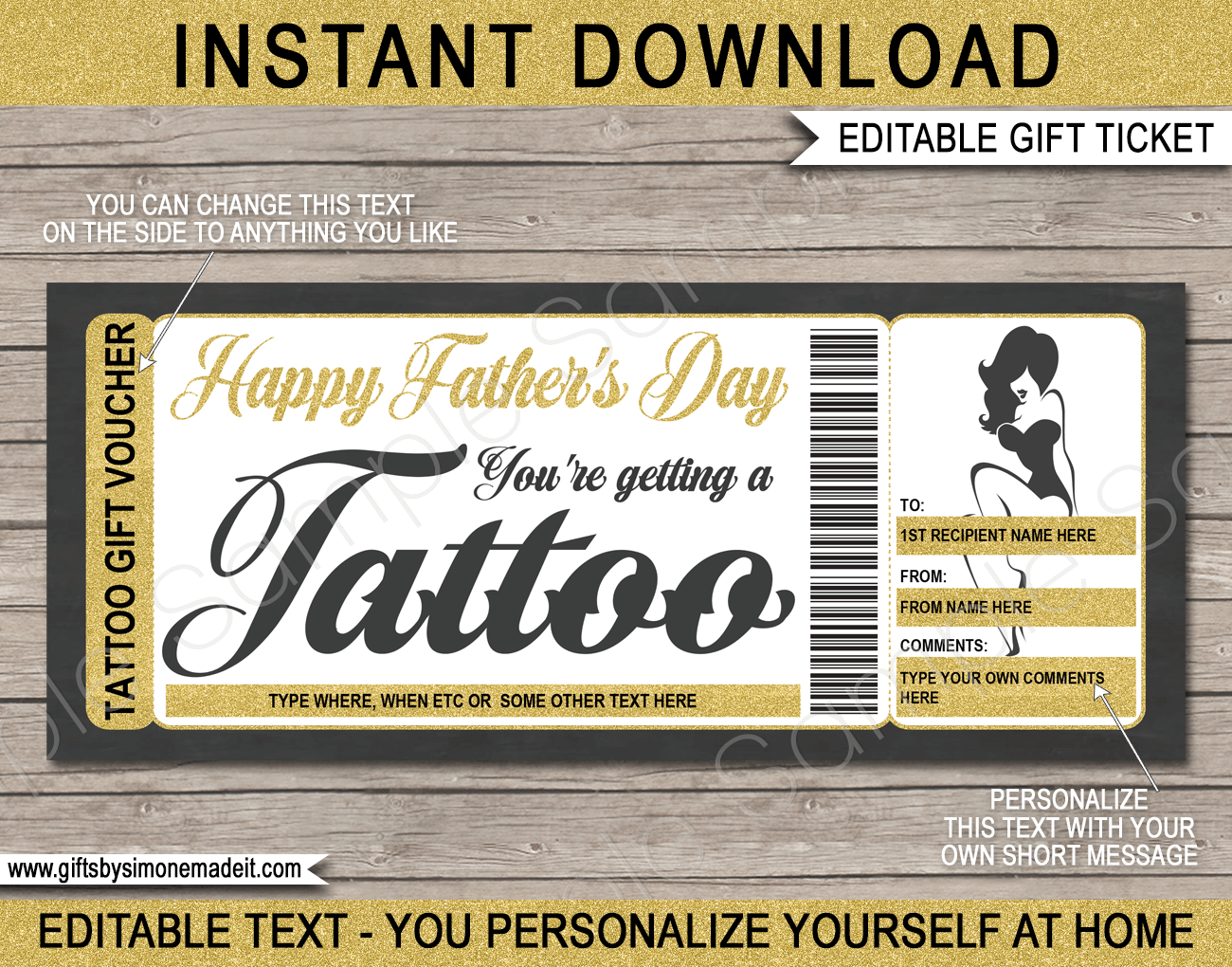 Tattoo Ticket Gift Certificate Personalised Coupon (Instant