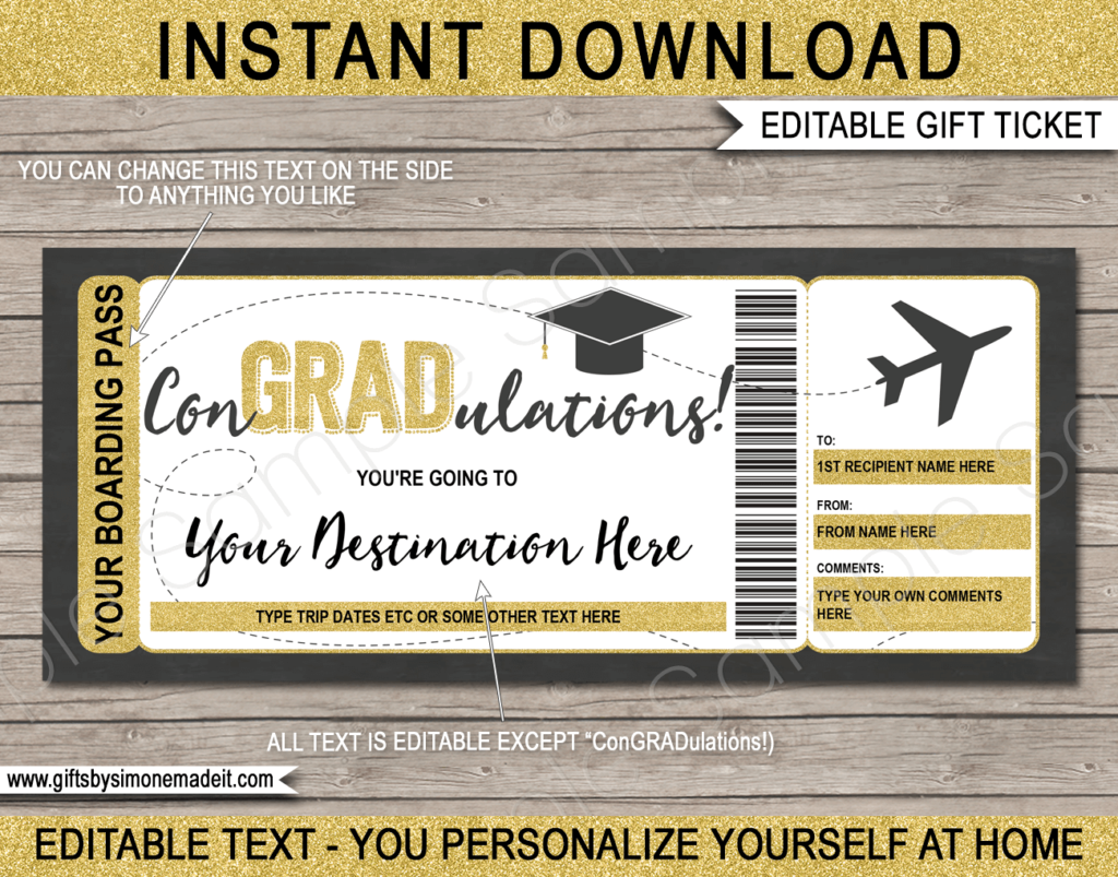 Printable Graduation Boarding Pass Template Surprise Trip Plane Ticket