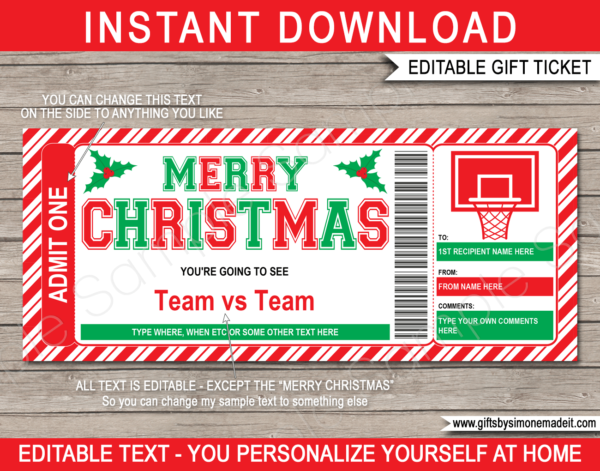 Christmas Basketball Ticket Template | Printable Game Ticket Gift Ideas