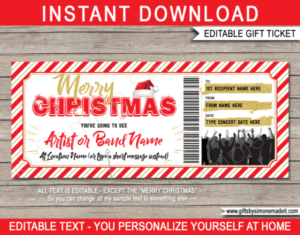 Christmas Rock Concert Ticket Gift Template | Band, Artist, Gig