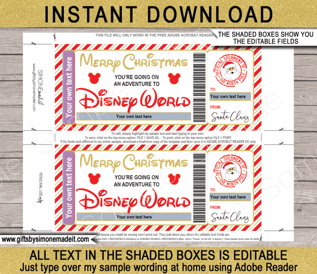 Disney World Trip Reveal Gift Idea Templates | Santa Letter, Ticket & Label