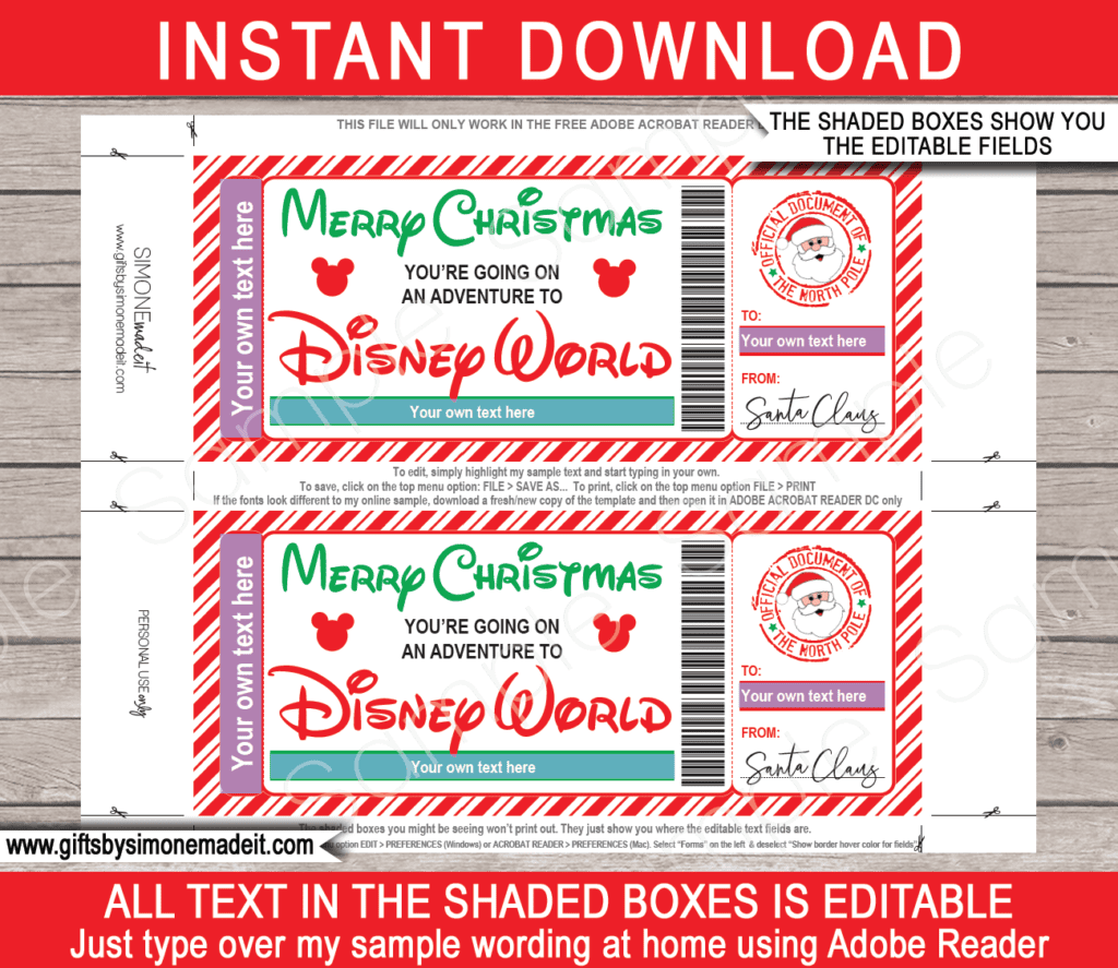 Disney World Trip Reveal Gift Idea Templates Santa Letter, Ticket & Label