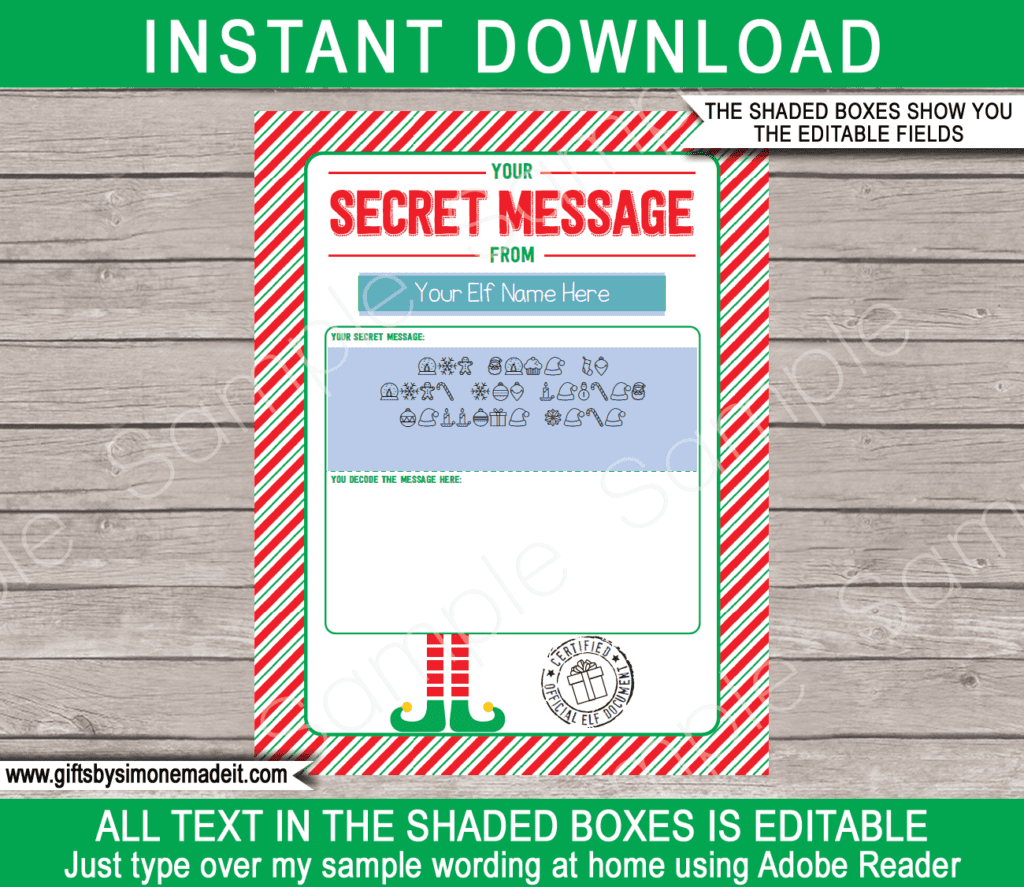 Elf Secret Message Printable Template Decoder Labels Christmas