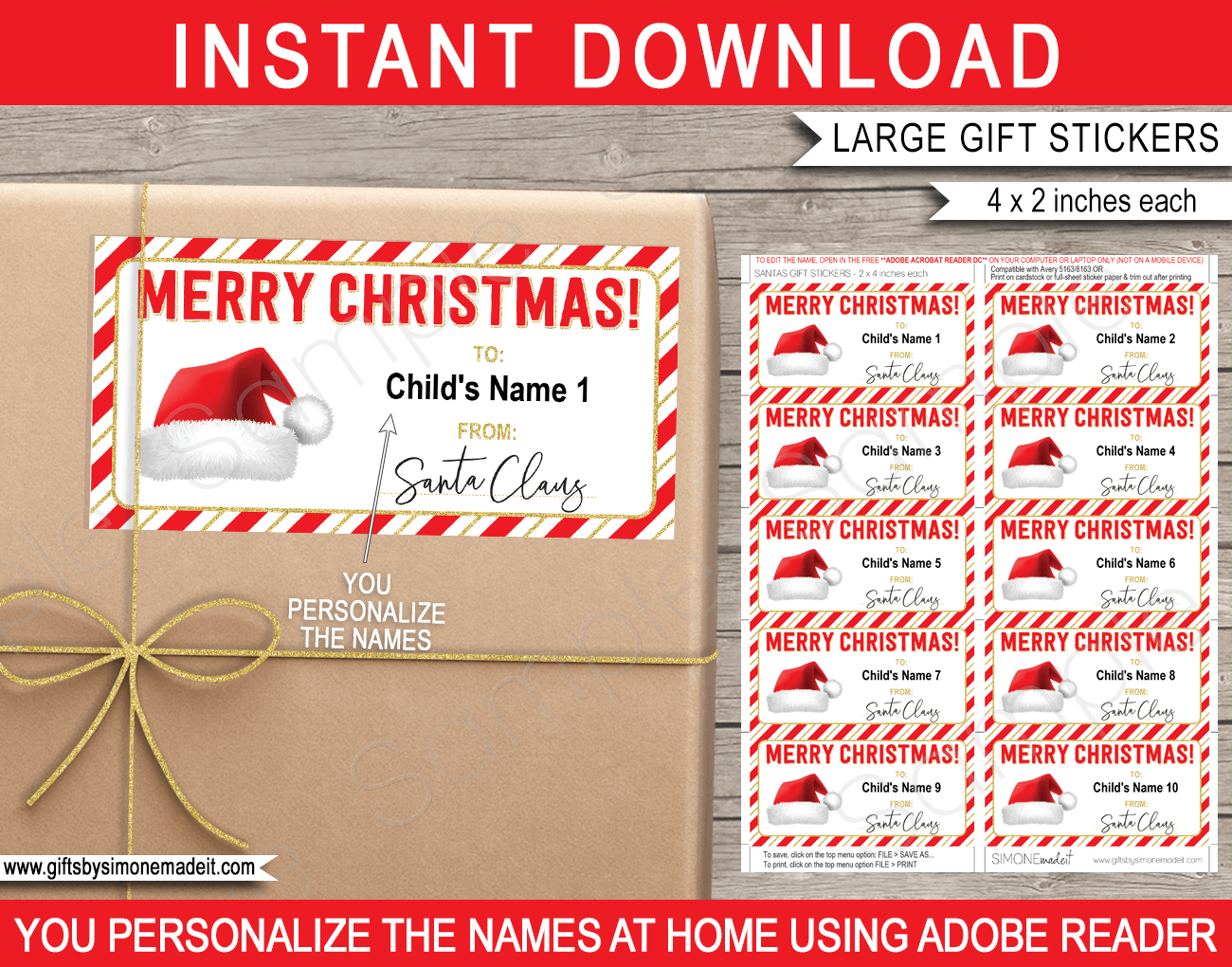 Christmas Gift Labels Template (Santa Claus) - from Your Name - red & green