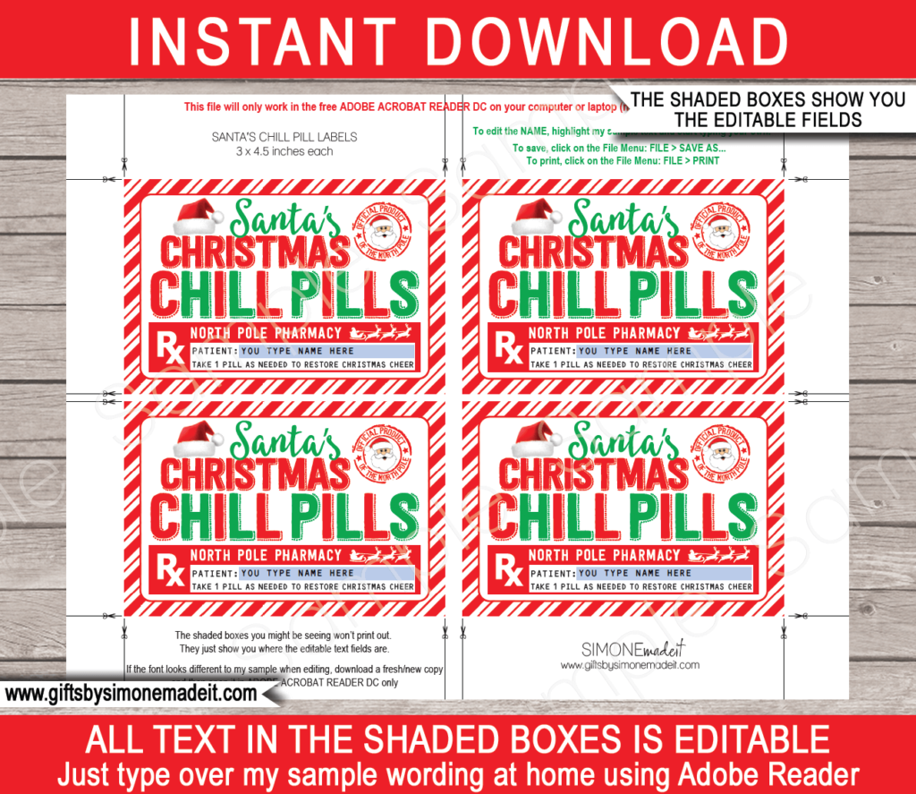 Printable Santa Chill Pill Labels Template | Christmas RX Prescription