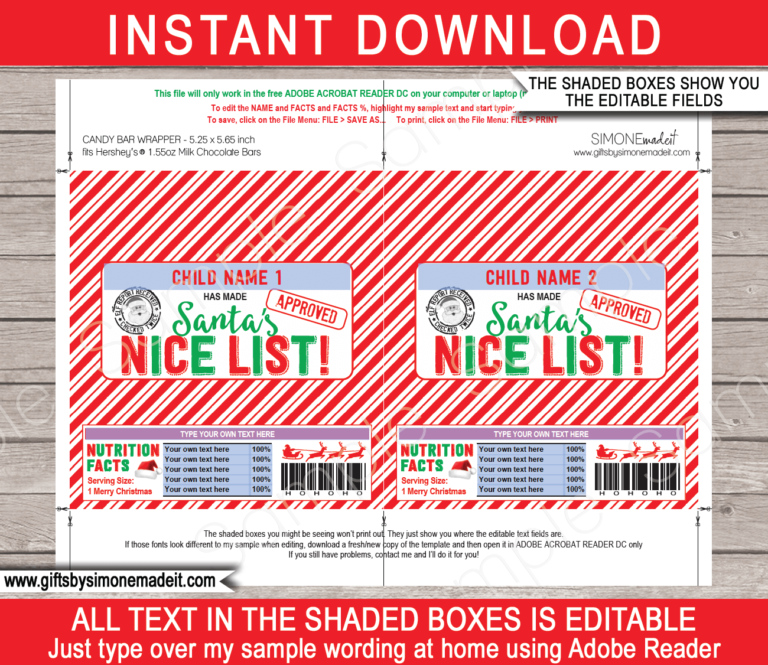 Santas Nice List Candy Bar Wrappers Template | Hersheys Christmas Label