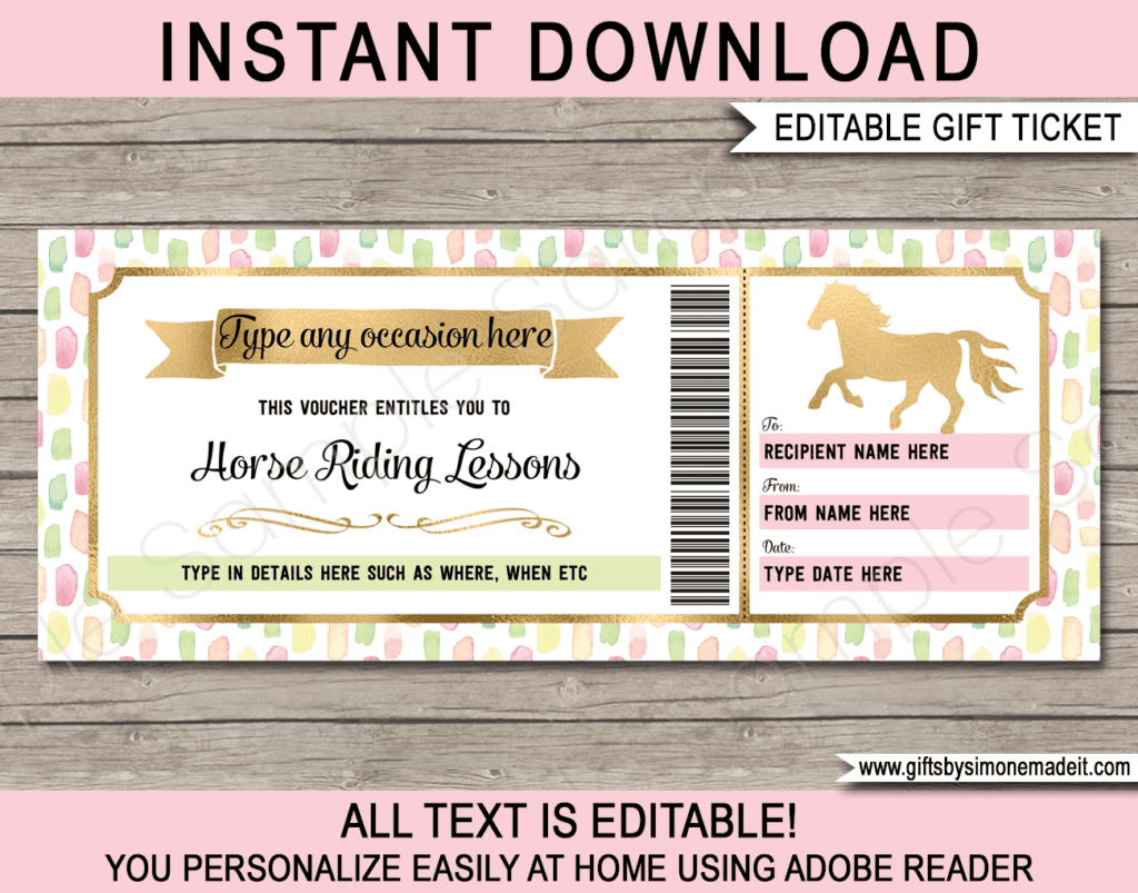 Horse Riding Lessons Coupon Template DIY Printable Gift Voucher Pony