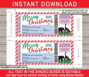 Christmas Africa Trip Gift Boarding Pass template | Fake Safari Ticket