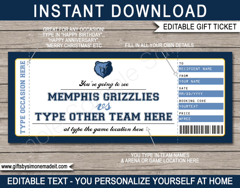 Editable & Printable Memphis Grizzlies Game Ticket Gift Voucher Template | Surprise NBA Basketball Personalized Tickets | Custom Text | Gift Certificate | Last Minute Birthday, Christmas, Anniversary, Retirement, Graduation, Mother's Day, Father's Day, Congratulations, Valentine's Day Present | INSTANT DOWNLOAD via giftsbysimonemadeit.com