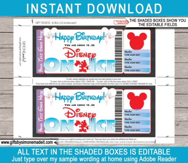 Birthday Disney on Ice Ticket Template Printable Gift Certificate