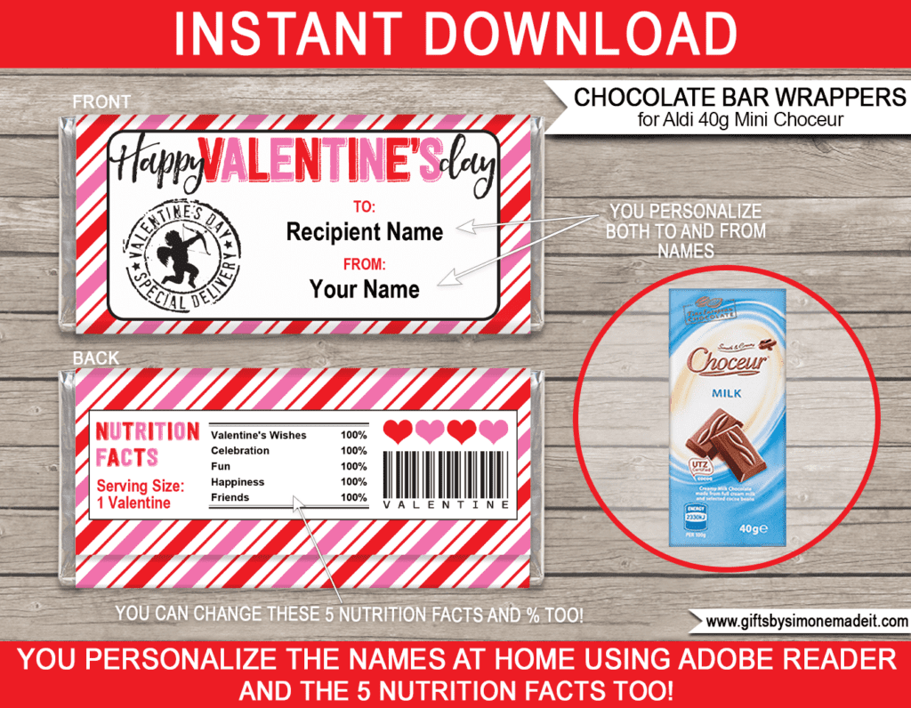 Aldi Valentine Chocolate Bar Labels Template | Mini Choceur Wrappers