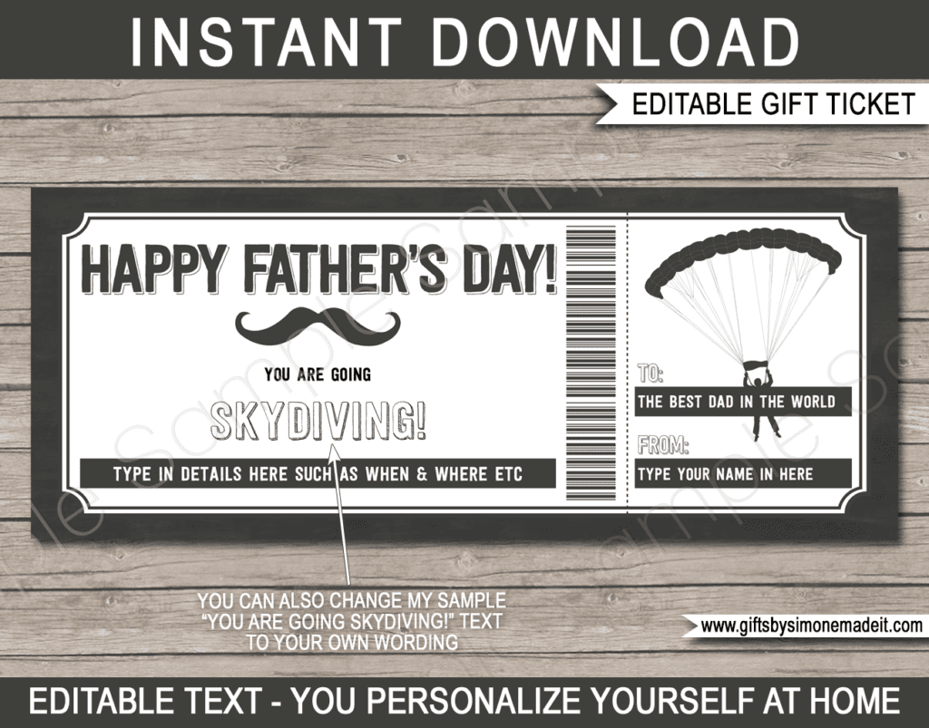 Fathers Day Skydiving Ticket Coupon Printable Gift Certificate