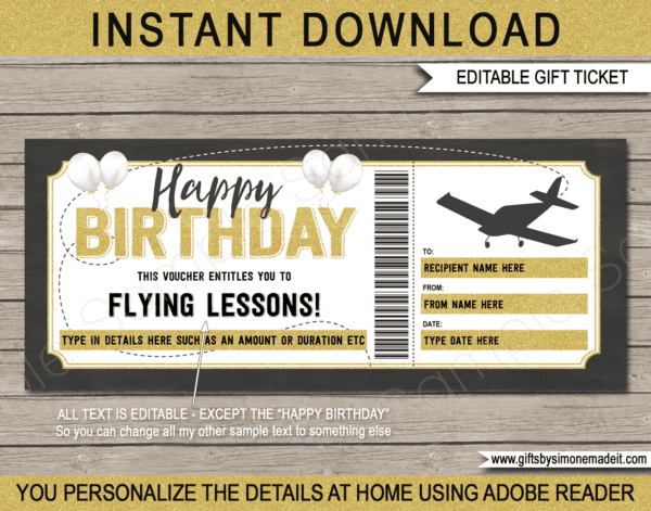 Birthday Flying Lessons Voucher Template | Pilot Gift Certificate