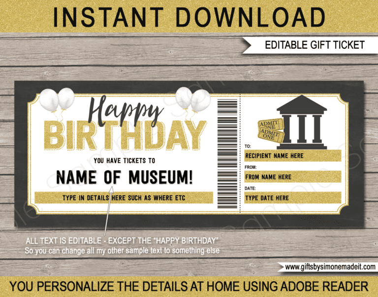 Birthday Museum Ticket Template | Printable Gift Certificate